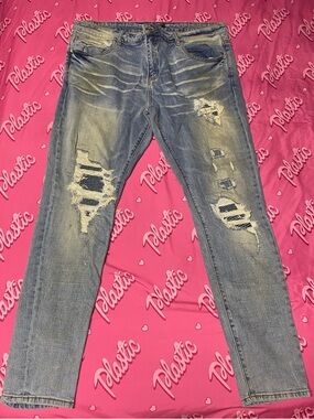 EUC Mens Embellish NYC Vintage Dirty Wash Skinny Distressed Denim Pants Jeans